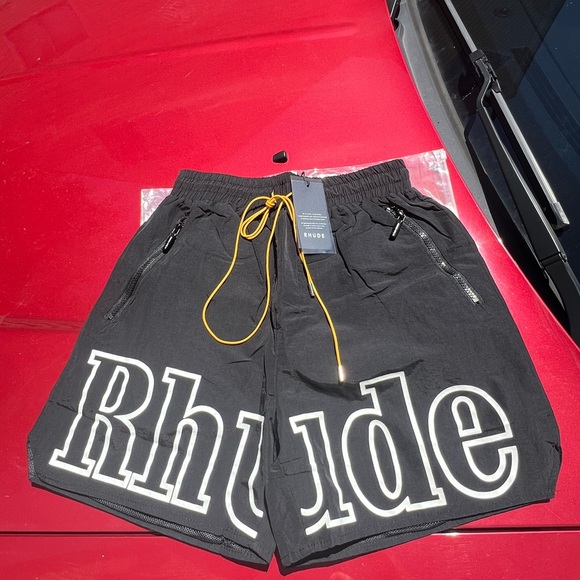 Rhude Black Athletic Shorts with Yellow Drawstring - Picture 1 of 4